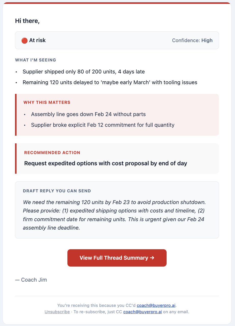 Real Coach Jim coaching email showing an at-risk supplier with partial shipment, broken commitment, and a draft reply you can send